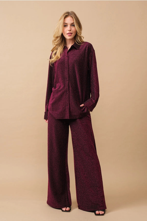 Metallic Jersey Button Up Shirt with Elastic Pant MAGENTA-Set-Blue B-S-MAGENTA-Urbanheer