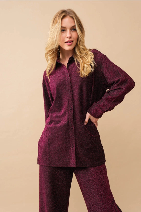Metallic Jersey Button Up Shirt with Elastic Pant MAGENTA-Set-Blue B-S-MAGENTA-Urbanheer