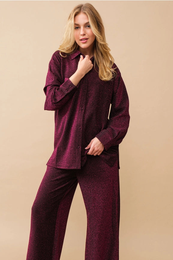 Metallic Jersey Button Up Shirt with Elastic Pant MAGENTA-Set-Blue B-S-MAGENTA-Urbanheer