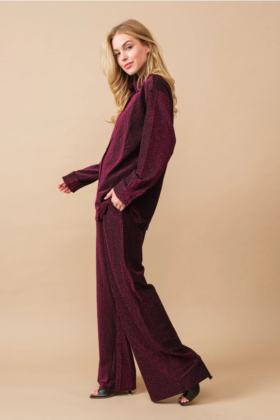 Metallic Jersey Button Up Shirt with Elastic Pant MAGENTA-Set-Blue B-S-MAGENTA-Urbanheer