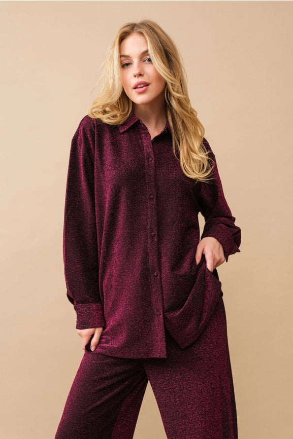 Metallic Jersey Button Up Shirt with Elastic Pant MAGENTA-Set-Blue B-S-MAGENTA-Urbanheer