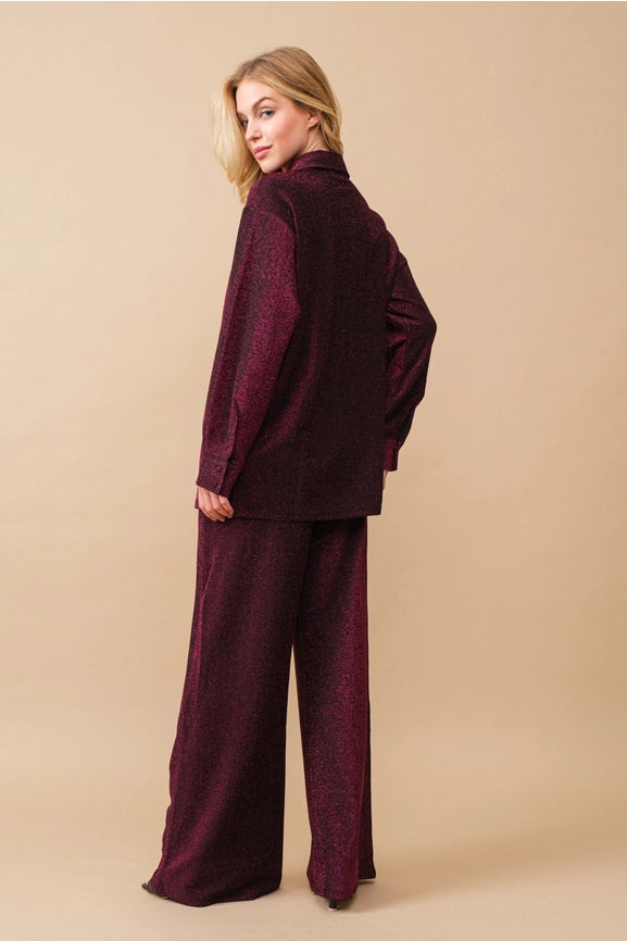 Metallic Jersey Button Up Shirt with Elastic Pant MAGENTA-Set-Blue B-S-MAGENTA-Urbanheer