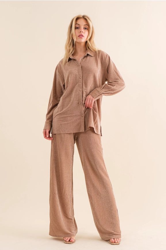 Metallic Jersey Button Up Shirt with Elastic Pant MOCHA SILVER-Set-Blue B-S-MOCHA SILVER-Urbanheer