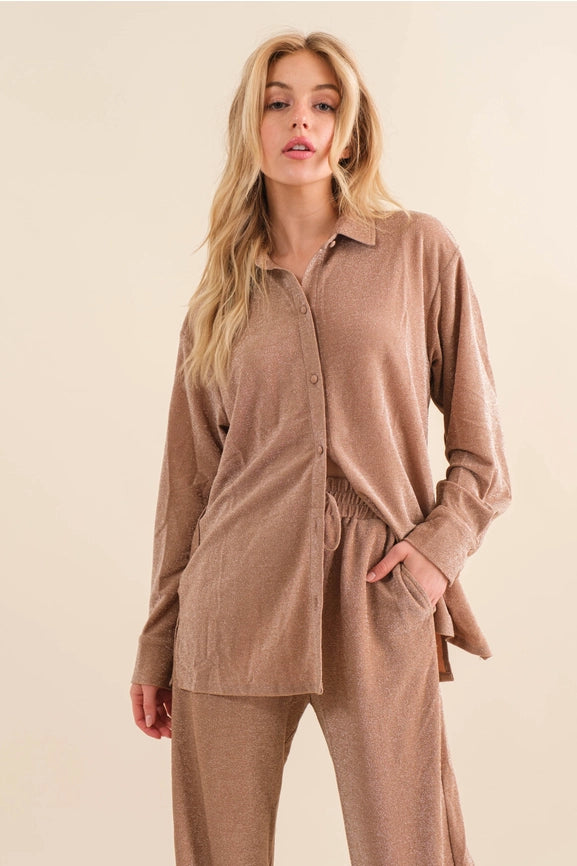 Metallic Jersey Button Up Shirt with Elastic Pant MOCHA SILVER-Set-Blue B-S-MOCHA SILVER-Urbanheer