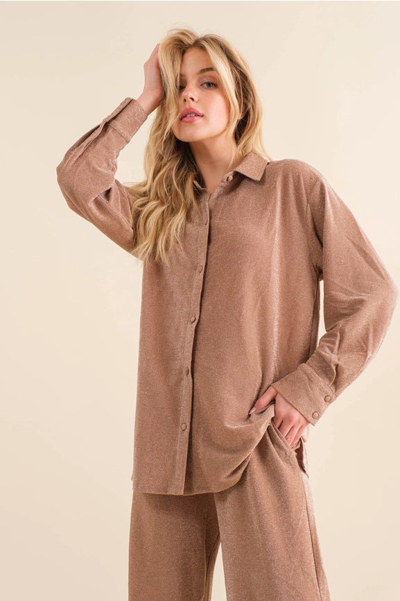 Metallic Jersey Button Up Shirt with Elastic Pant MOCHA SILVER-Set-Blue B-S-MOCHA SILVER-Urbanheer