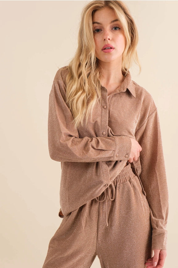 Metallic Jersey Button Up Shirt with Elastic Pant MOCHA SILVER-Set-Blue B-S-MOCHA SILVER-Urbanheer