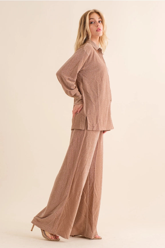 Metallic Jersey Button Up Shirt with Elastic Pant MOCHA SILVER-Set-Blue B-S-MOCHA SILVER-Urbanheer