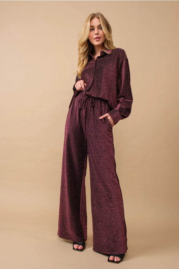 Metallic Jersey Button Up Shirt with Elastic Pant ROSE-Set-Blue B-S-ROSE-Urbanheer