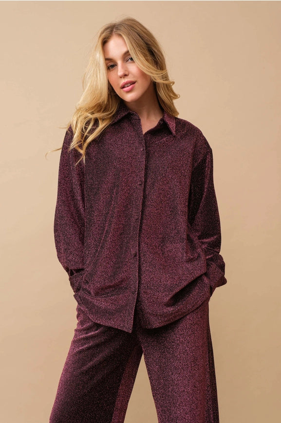 Metallic Jersey Button Up Shirt with Elastic Pant ROSE-Set-Blue B-S-ROSE-Urbanheer