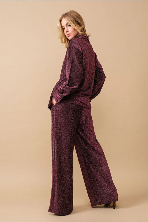 Metallic Jersey Button Up Shirt with Elastic Pant ROSE-Set-Blue B-S-ROSE-Urbanheer