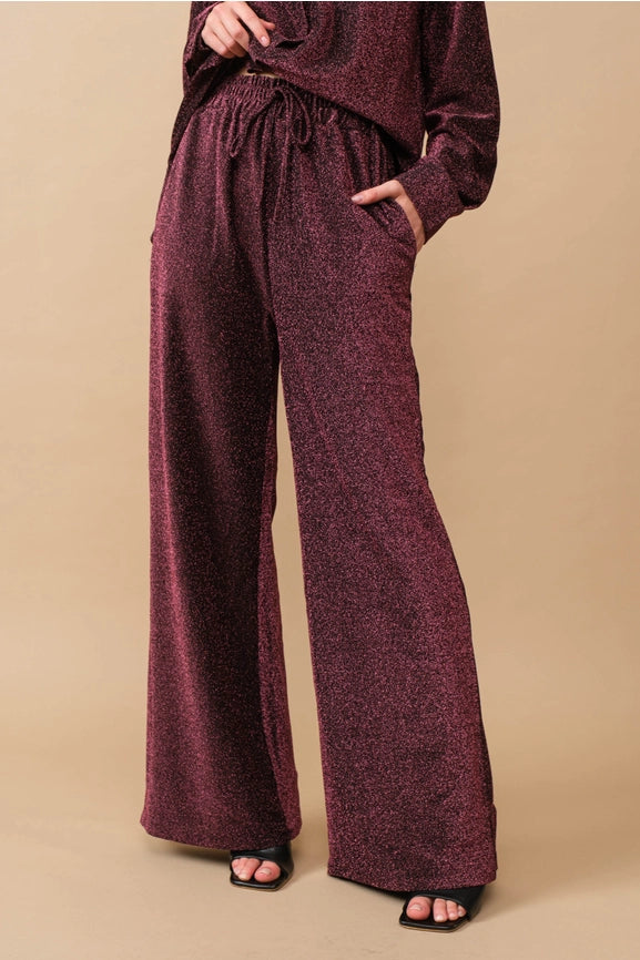 Metallic Jersey Button Up Shirt with Elastic Pant ROSE-Set-Blue B-S-ROSE-Urbanheer