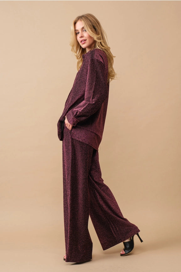 Metallic Jersey Button Up Shirt with Elastic Pant ROSE-Set-Blue B-S-ROSE-Urbanheer