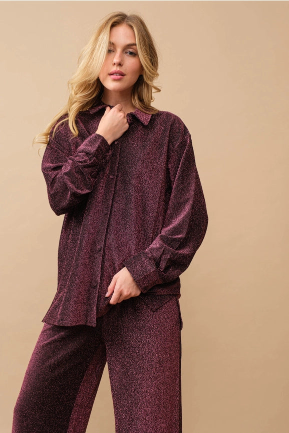 Metallic Jersey Button Up Shirt with Elastic Pant ROSE-Set-Blue B-S-ROSE-Urbanheer