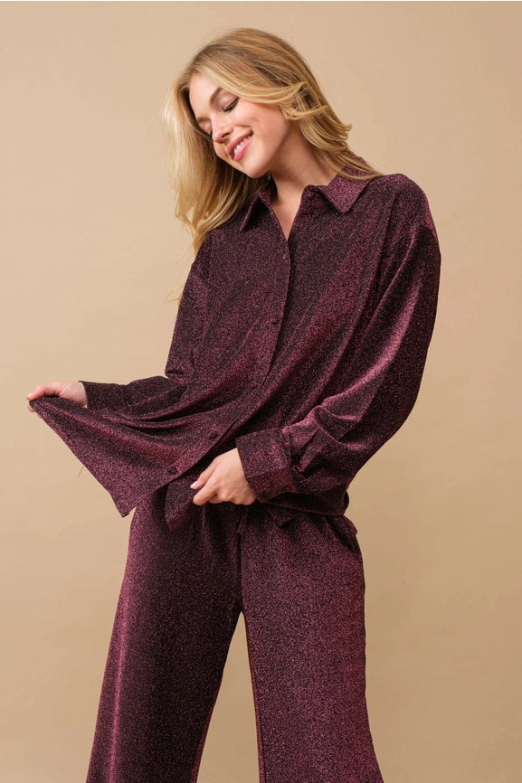 Metallic Jersey Button Up Shirt with Elastic Pant ROSE-Set-Blue B-S-ROSE-Urbanheer