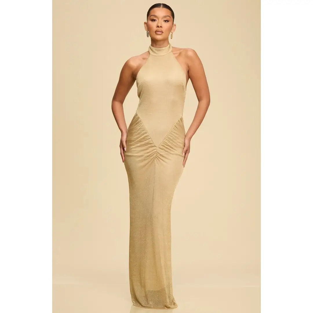 Metallic Knit Halter Maxi Dress from Luxxel exclusive at Urbanheer. Metallic Knit Halter Maxi Dress from Luxxel exclusive at Urbanheer.
