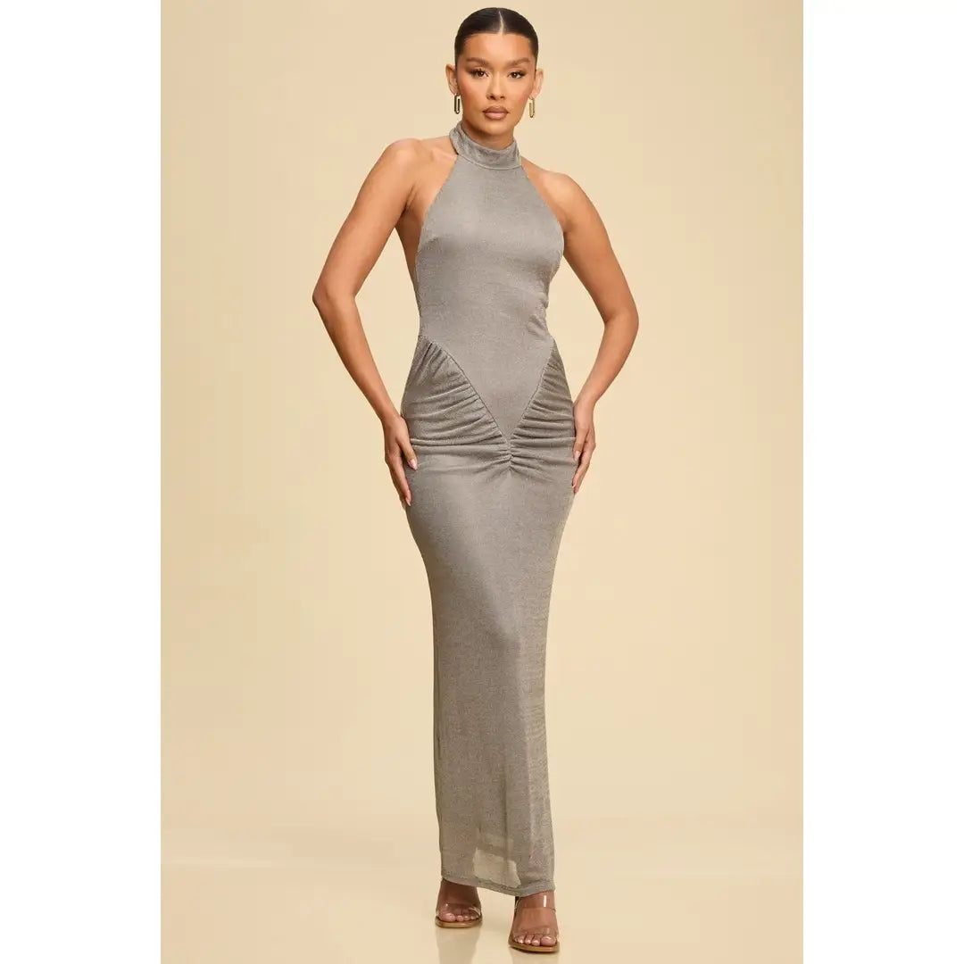 Metallic Knit Halter Maxi Dress