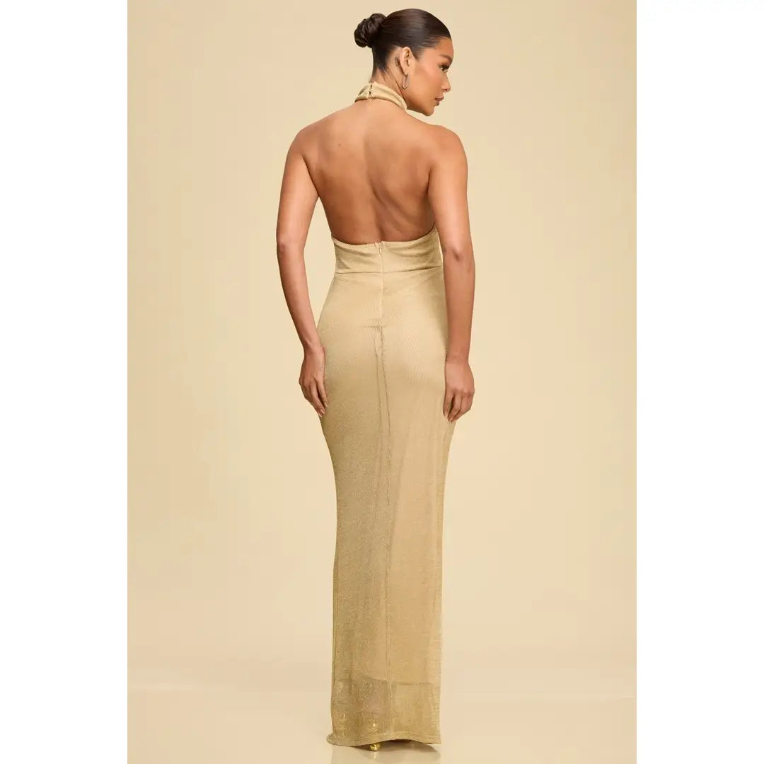 Metallic Knit Halter Maxi Dress