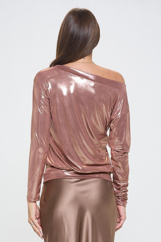 Metallic Off the Shoulder Long Sleeve Top-New Arrival-Reneecollection-Small-ROSE-Urbanheer