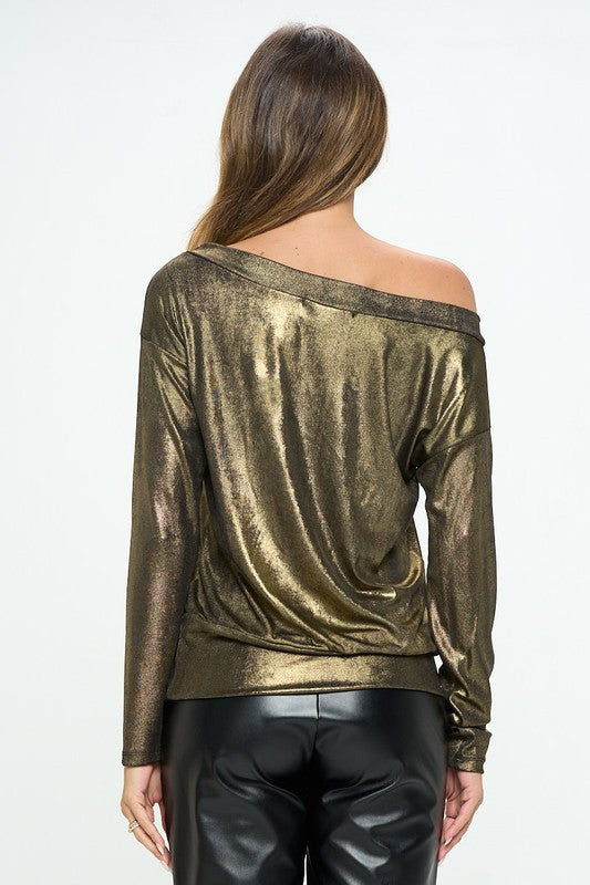Metallic Off the Shoulder Long Sleeve Top-Tops-Reneecollection-Urbanheer