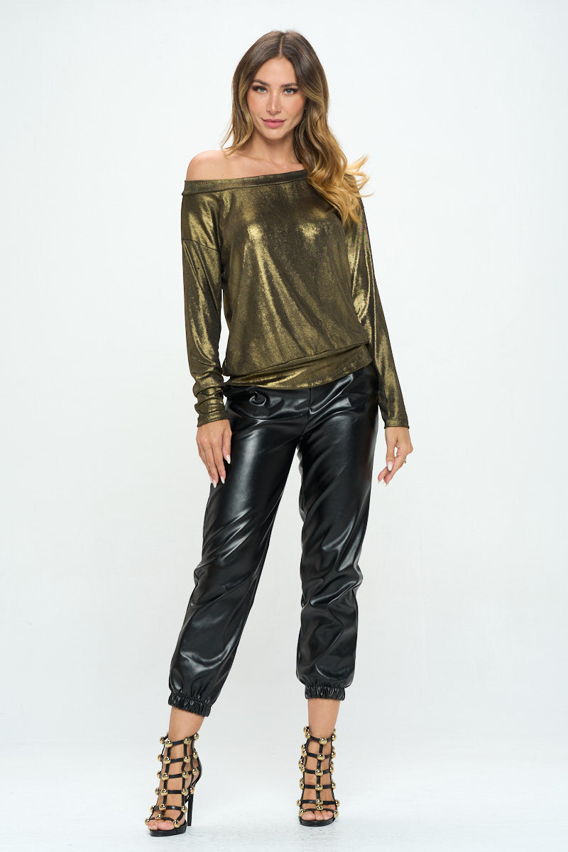 Metallic Off the Shoulder Long Sleeve Top-Tops-Reneecollection-Urbanheer