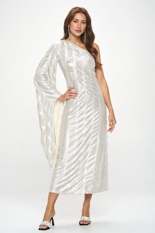 Metallic One Shoulder Bell Sleeve Maxi Dress-Dresses-Reneecollection-Small-SILVER/IVORY-Urbanheer
