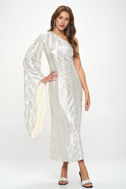 Metallic One Shoulder Bell Sleeve Maxi Dress-Dresses-Reneecollection-Small-SILVER/IVORY-Urbanheer