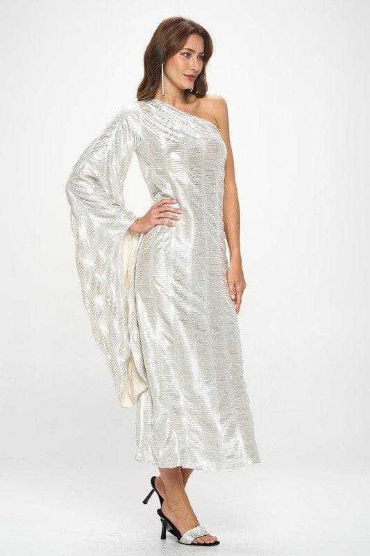 Metallic One Shoulder Bell Sleeve Maxi Dress-Dresses-Reneecollection-Small-SILVER/IVORY-Urbanheer