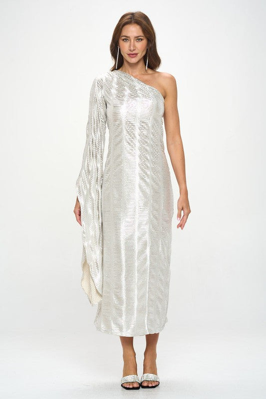 Metallic One Shoulder Bell Sleeve Maxi Dress-Dresses-Reneecollection-Small-SILVER/IVORY-Urbanheer