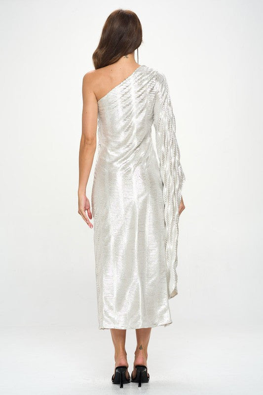 Metallic One Shoulder Bell Sleeve Maxi Dress-Dresses-Reneecollection-Small-SILVER/IVORY-Urbanheer