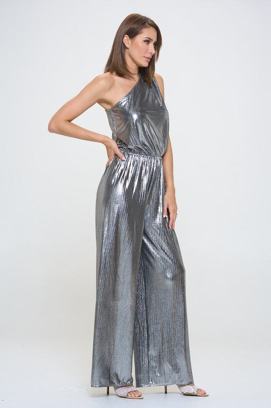 Metallic One Shoulder Wide Leg Jumpsuit-Jumpsuits-Reneecollection-Small-SILVER-Urbanheer