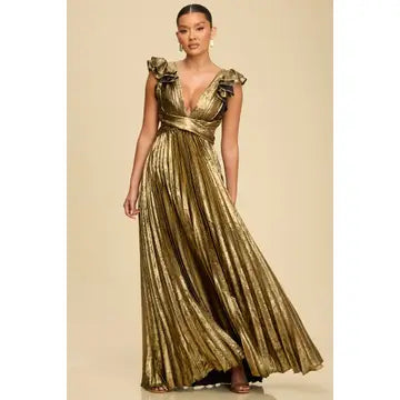 Metallic Pleated Maxi Dress