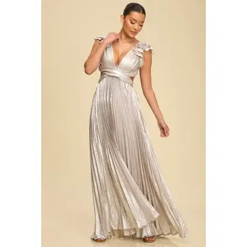Metallic Pleated Maxi Dress