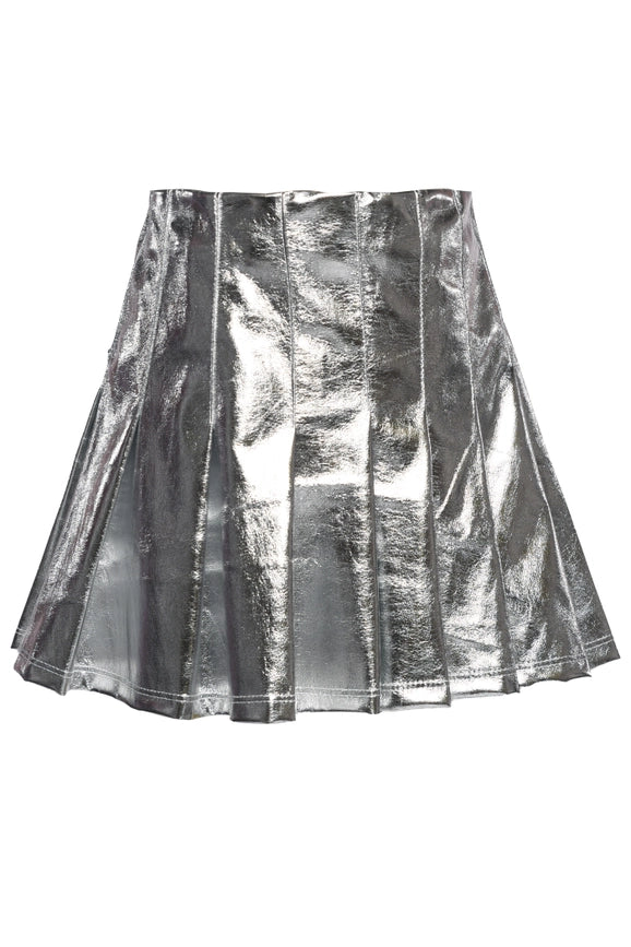 Metallic Pleated Skirt with Back Zip *Faux Leather*-Skirt-Hannah Banana-4-SILVER-Urbanheer