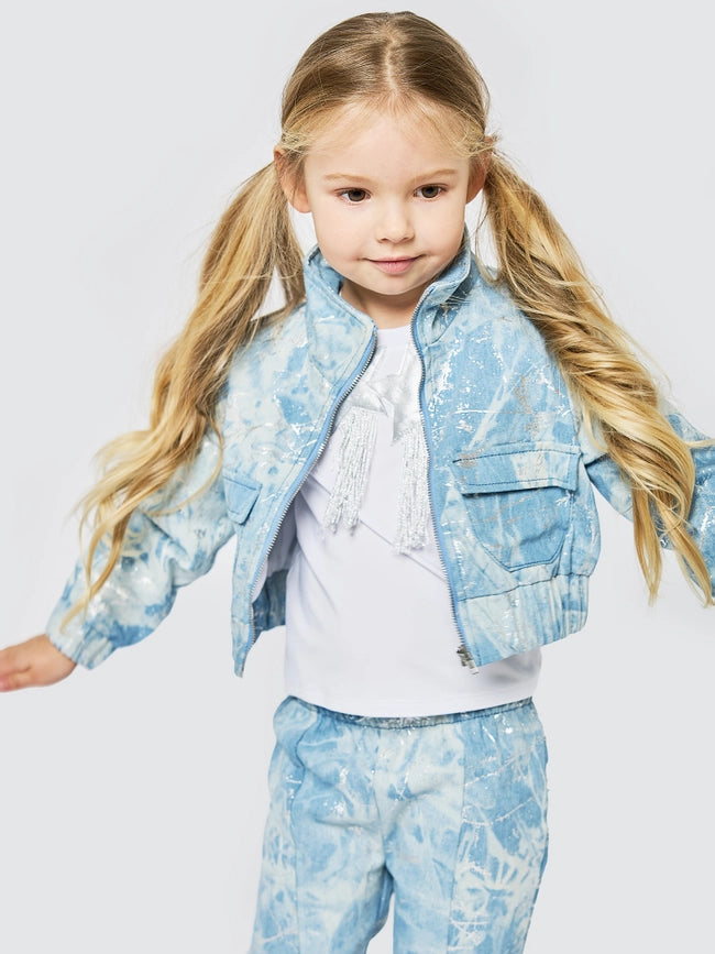 Metallic Print Denim Bomber Jacket with Sequin Star Back-Bomber Jacket-Hannah Banana-12M-BLUE MULTI-Urbanheer