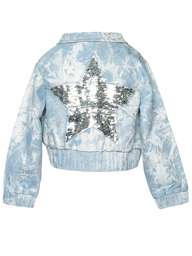 Metallic Print Denim Bomber Jacket with Sequin Star Back-Bomber Jacket-Hannah Banana-12M-BLUE MULTI-Urbanheer