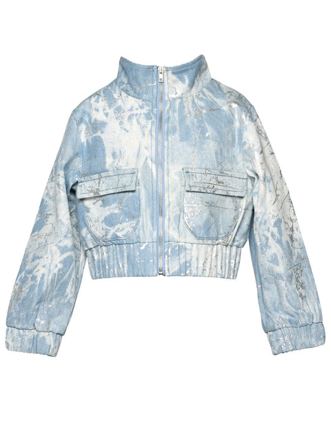 Metallic Print Denim Bomber Jacket with Sequin Star Back-Bomber Jacket-Hannah Banana-12M-BLUE MULTI-Urbanheer