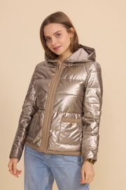 Metallic Quilted Down Jacket with Braided Finishes