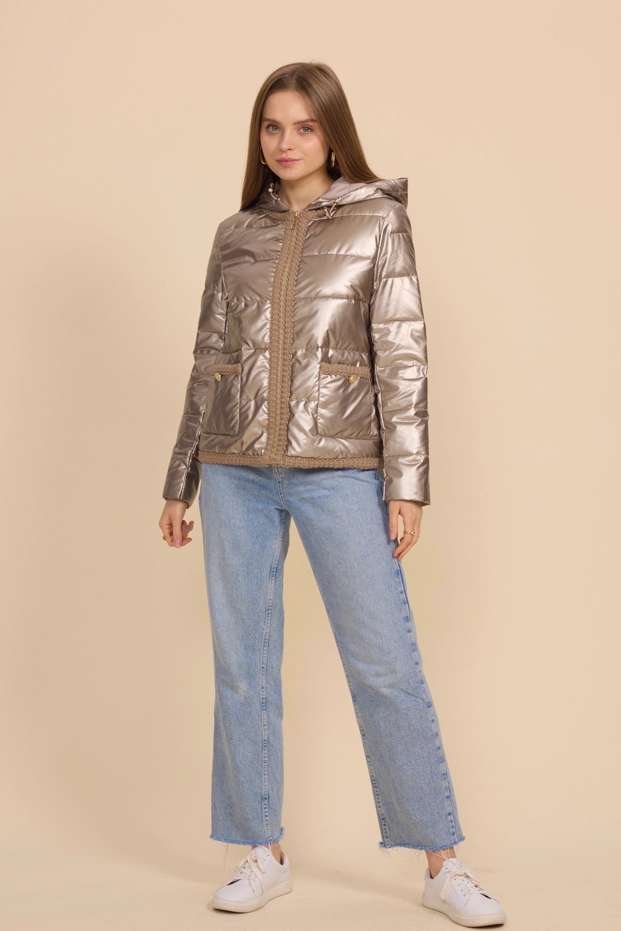 Metallic Quilted Down Jacket with Braided Finishes