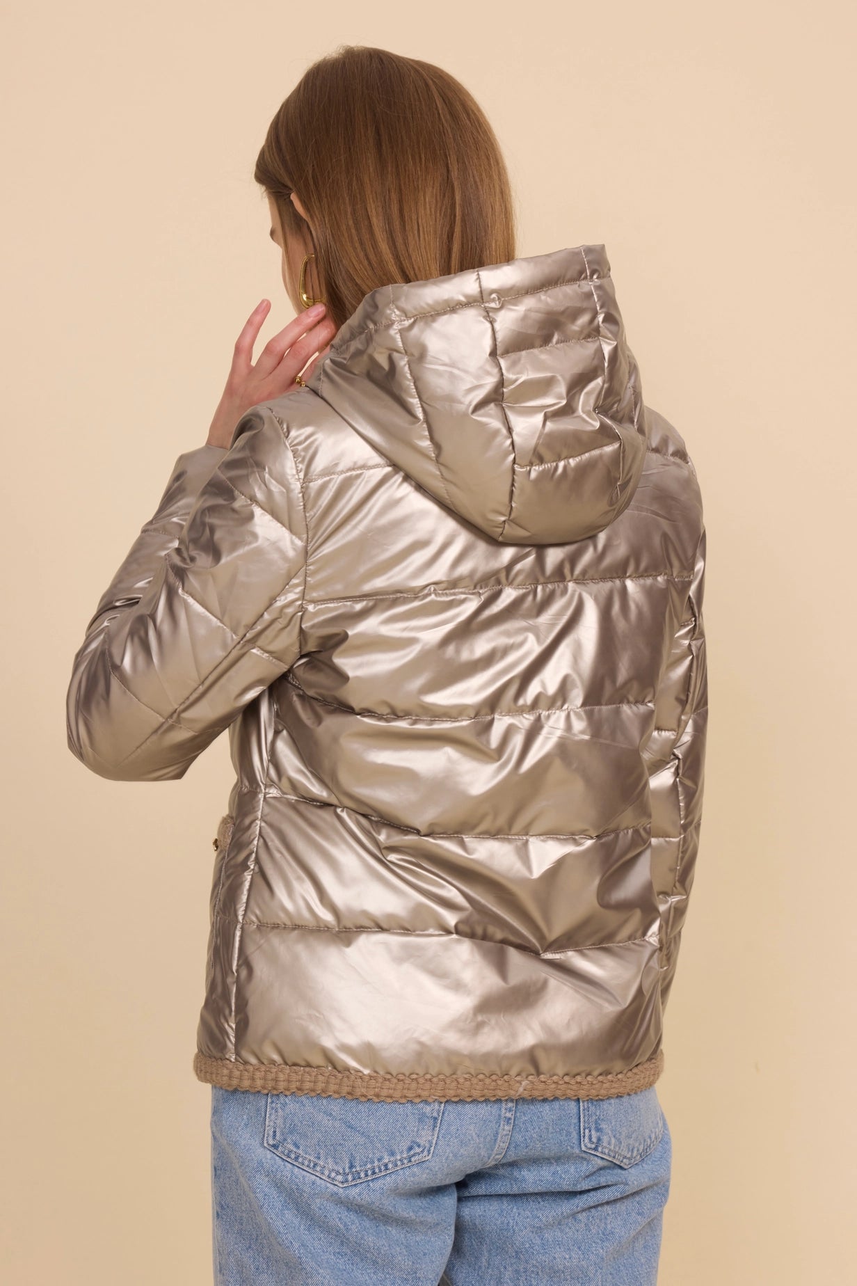 Metallic Quilted Down Jacket with Braided Finishes