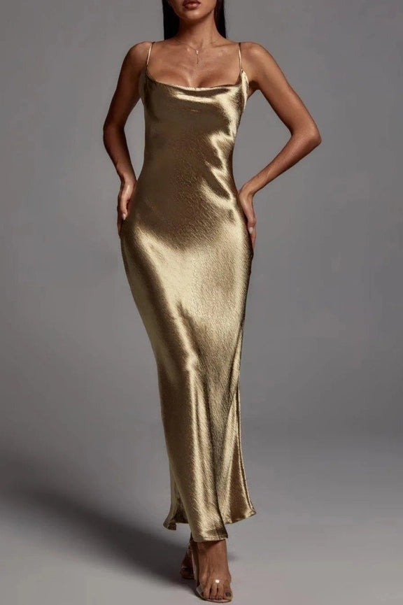 Metallic Satin Sexy Open Back Cowl Slip Maxi Dress gold from Rosa Urbanheer Metallic Satin Sexy Open Back Cowl Slip Maxi Dress gold from Rosa Urbanheer