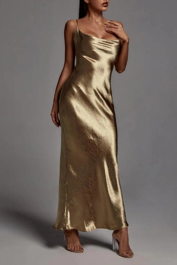 Metallic Satin Sexy Open Back Cowl Slip Maxi Dress gold-Dress-Rosa Clothing-XS-Gold-Urbanheer