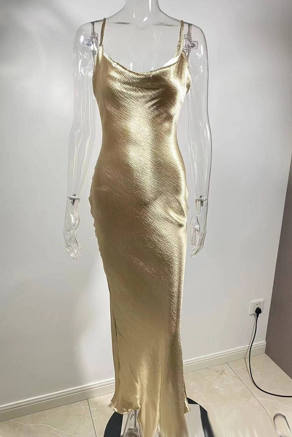 Metallic Satin Sexy Open Back Cowl Slip Maxi Dress gold from Rosa Urbanheer Metallic Satin Sexy Open Back Cowl Slip Maxi Dress gold from Rosa Urbanheer