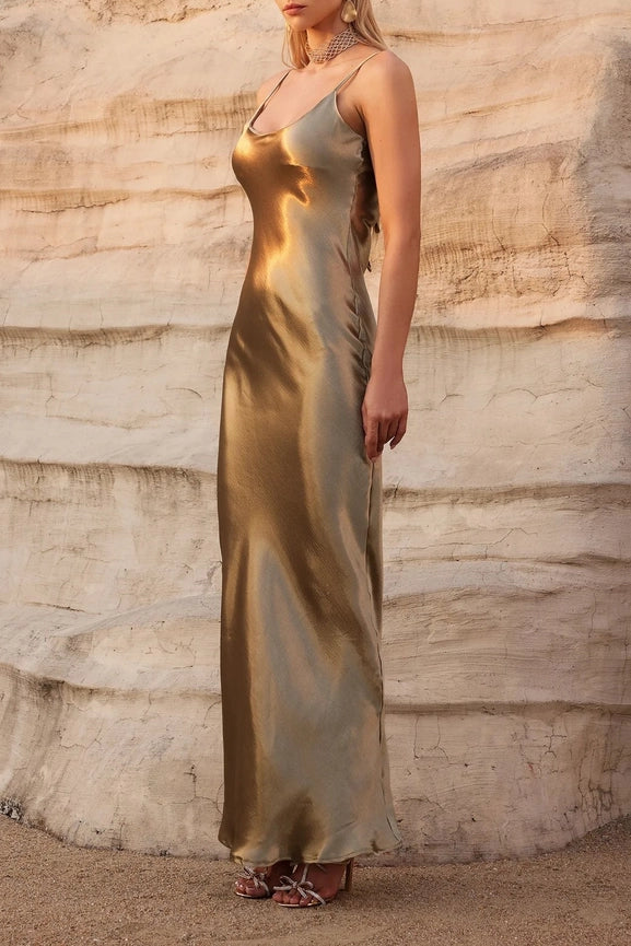 Metallic Satin Sexy Open Back Cowl Slip Maxi Dress gold-Dress-Rosa Clothing-XS-Gold-Urbanheer