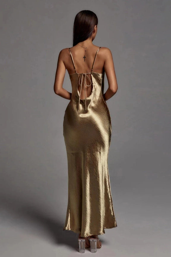 Metallic Satin Sexy Open Back Cowl Slip Maxi Dress gold-Dress-Rosa Clothing-XS-Gold-Urbanheer