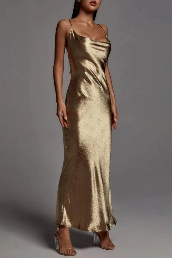 Metallic Satin Sexy Open Back Cowl Slip Maxi Dress gold-Dress-Rosa Clothing-XS-Gold-Urbanheer