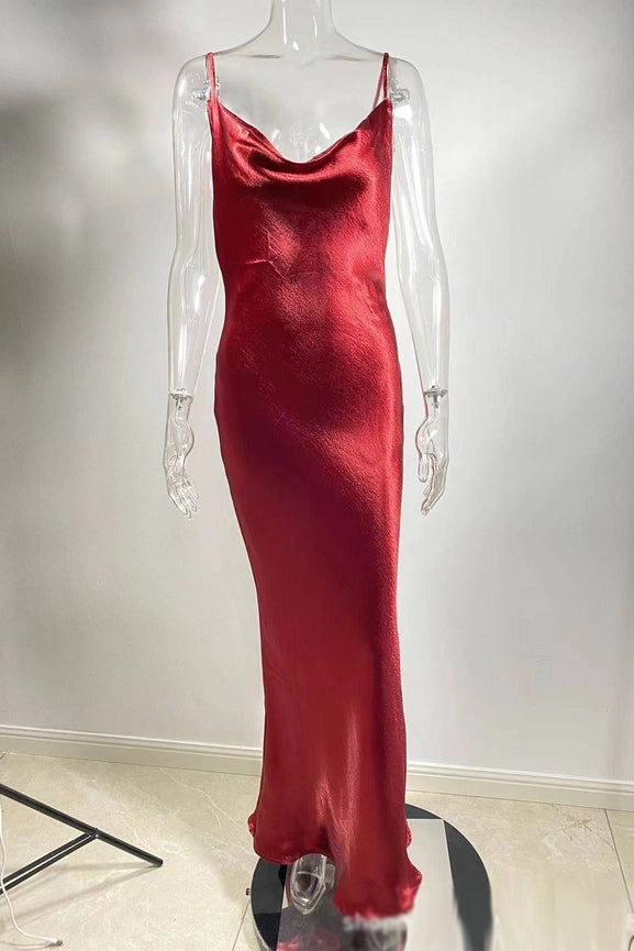 Metallic Satin Sexy Open Back Cowl Slip Maxi Dress red - XS / red Metallic Satin Sexy Open Back Cowl Slip Maxi Dress red - XS / red
