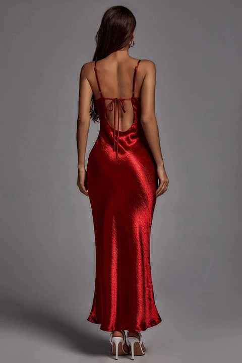 Metallic Satin Sexy Open Back Cowl Slip Maxi Dress red-Dress-Rosa Clothing-XS-red-Urbanheer