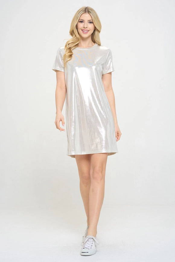 Metallic Short Sleeve Dress-Dress-Renee C.-S-Silver-Urbanheer