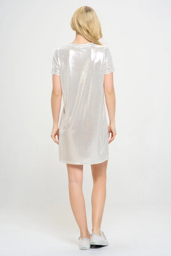Metallic Short Sleeve Dress-Dress-Renee C.-S-Silver-Urbanheer