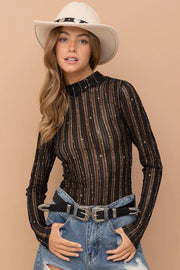 Metallic Star Stripe Mesh Mock Neck Top Black-TOP-Blue B-S-Urbanheer